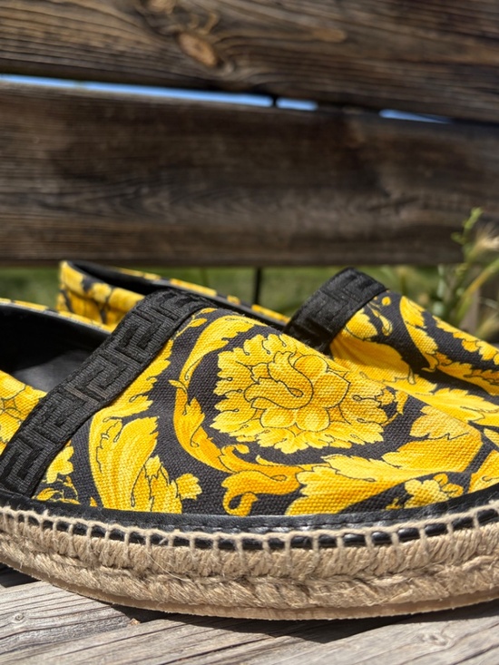 Authentic Versace Barocco espadrilles with iconic black and gold heritage print